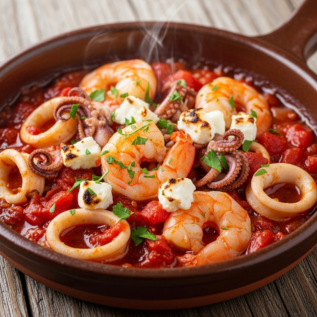 Θαλασσινό Σαγανάκι με Γαρίδες, Θράψαλα και Καλαμαράκια